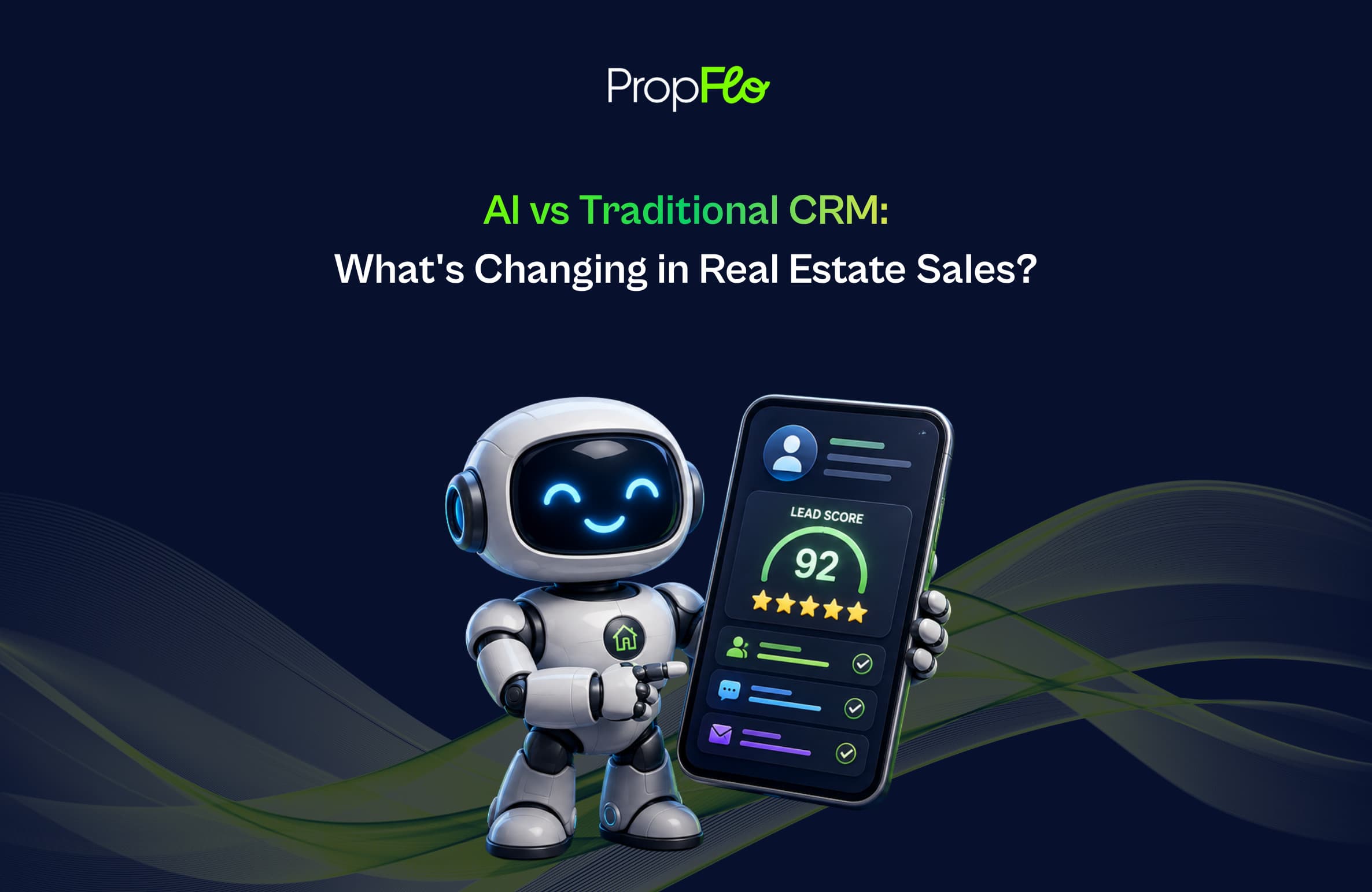 AI vs Traditional CRM in real estate sales, featuring a friendly AI robot beside a smartphone displaying a lead score of 92 and sales lead information.